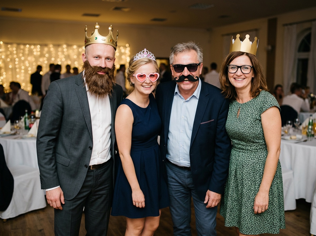 Wedding guests with crowns, beards and glasses